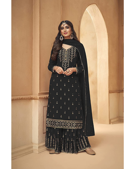 Amazing Georgette Thread Work Semi Stitched Sharara Plazzo Salwar Suit For Women