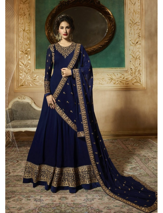 Blue Indian Stylish Designer Bollywood Party Wear Anarkali Salwar Suit Dress Material Unstitched For Women