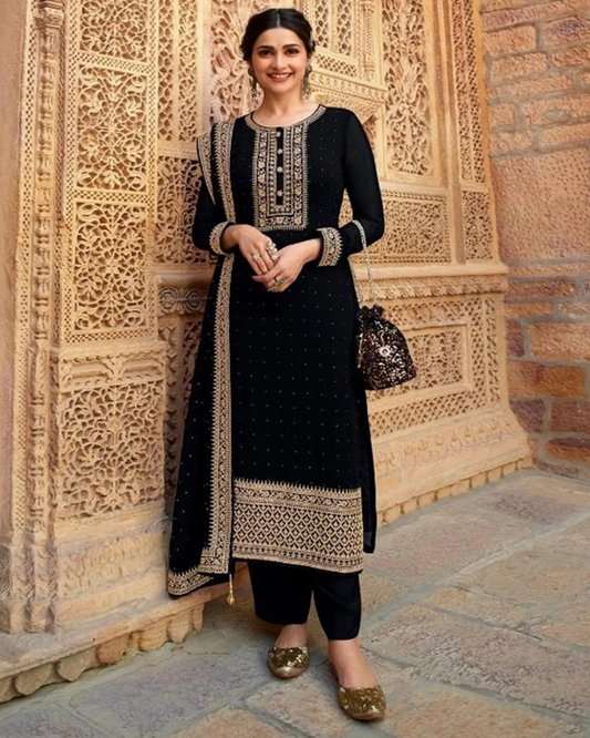 Black Pakistani Women's Embroidered Silk Georgette with Santoon Inner & Embroidered Silk Georgette Dupatta and Bottom- Salwar Suit Material