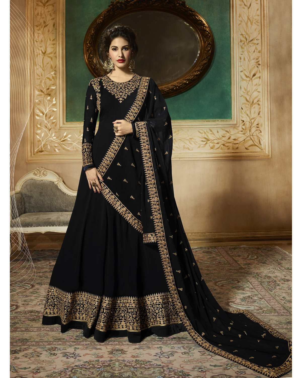 Black Indian Stylish Designer Bollywood Party Wear Anarkali Salwar Suit Dress Material Unstitched For Women