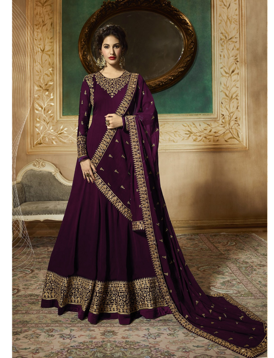 Wine Indian Stylish Designer Bollywood Party Wear Anarkali Salwar Suit Dress Material Unstitched For Women