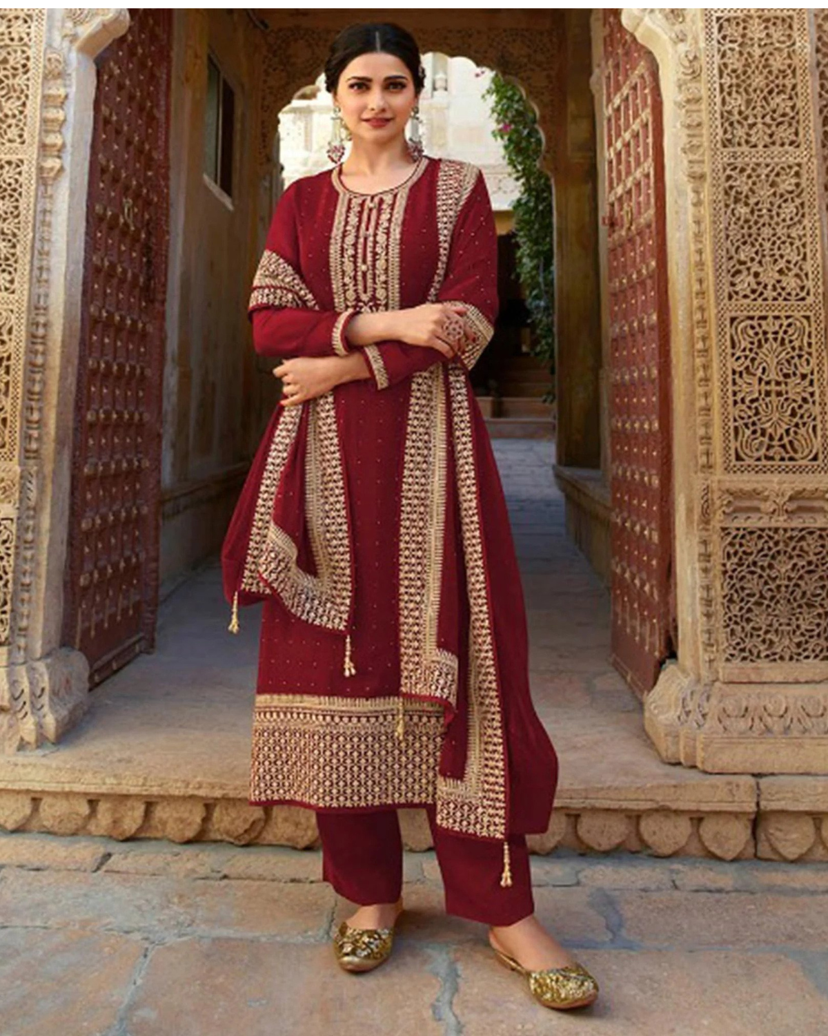 Wine Pakistani Women's Embroidered Silk Georgette with Santoon Inner & Embroidered Silk Georgette Dupatta and Bottom- Salwar Suit Material