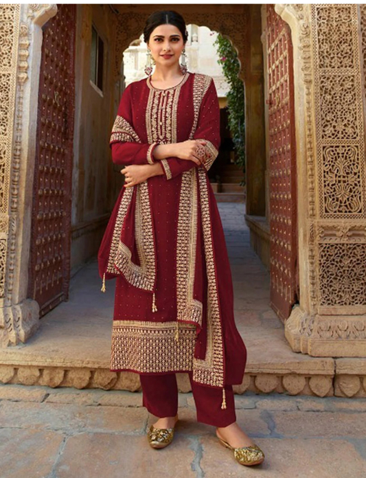 Maroon Pakistani Women's Embroidered Silk Georgette with Santoon Inner & Embroidered Silk Georgette Dupatta and Bottom- Salwar Suit Material
