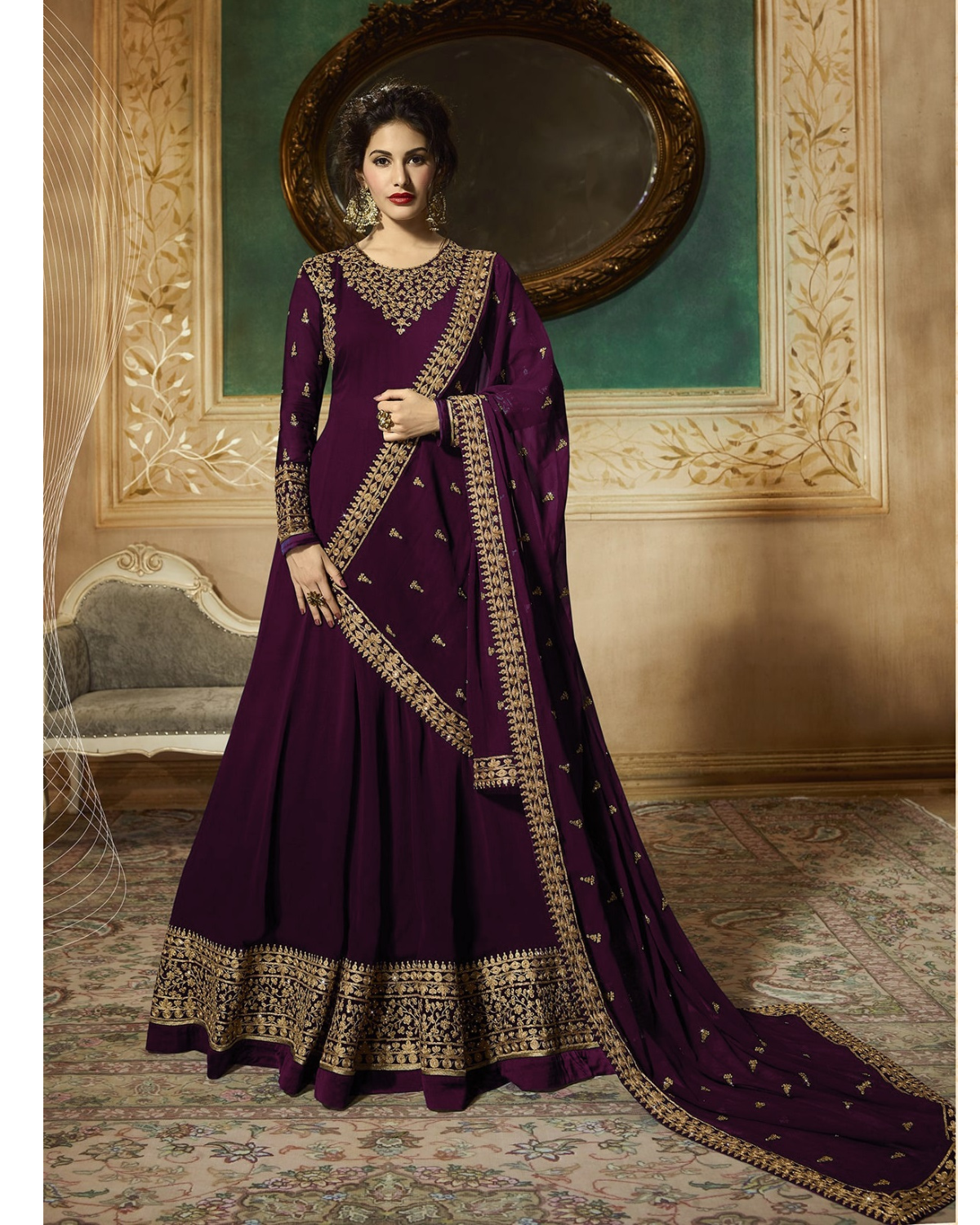 Maroon Indian Stylish Designer Bollywood Party Wear Anarkali Salwar Suit Dress Material Unstitched For Women