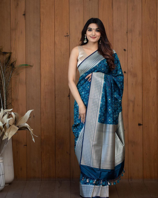 Tremendous Blue Color Wedding Wear Soft Lichi Silk Designer Jacquard Work All Over Saree With Blouse By Dealbazaars