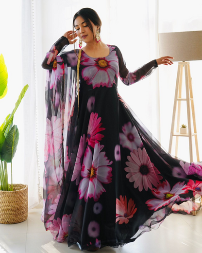 Black Trendy Style Anarkali Organza Gown New Look Attractive Georgette Beautiful Flowers Printed Kurti With Dupatta By Dealbazaars
