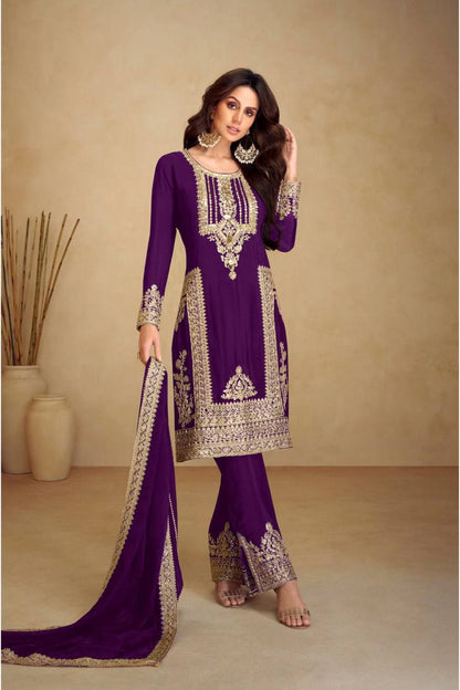 Kurti Pant 3 pcs Pair Embroidered Attractive Party Wear Chinon Silk Fabric Kurti Pair has a Regular-fit