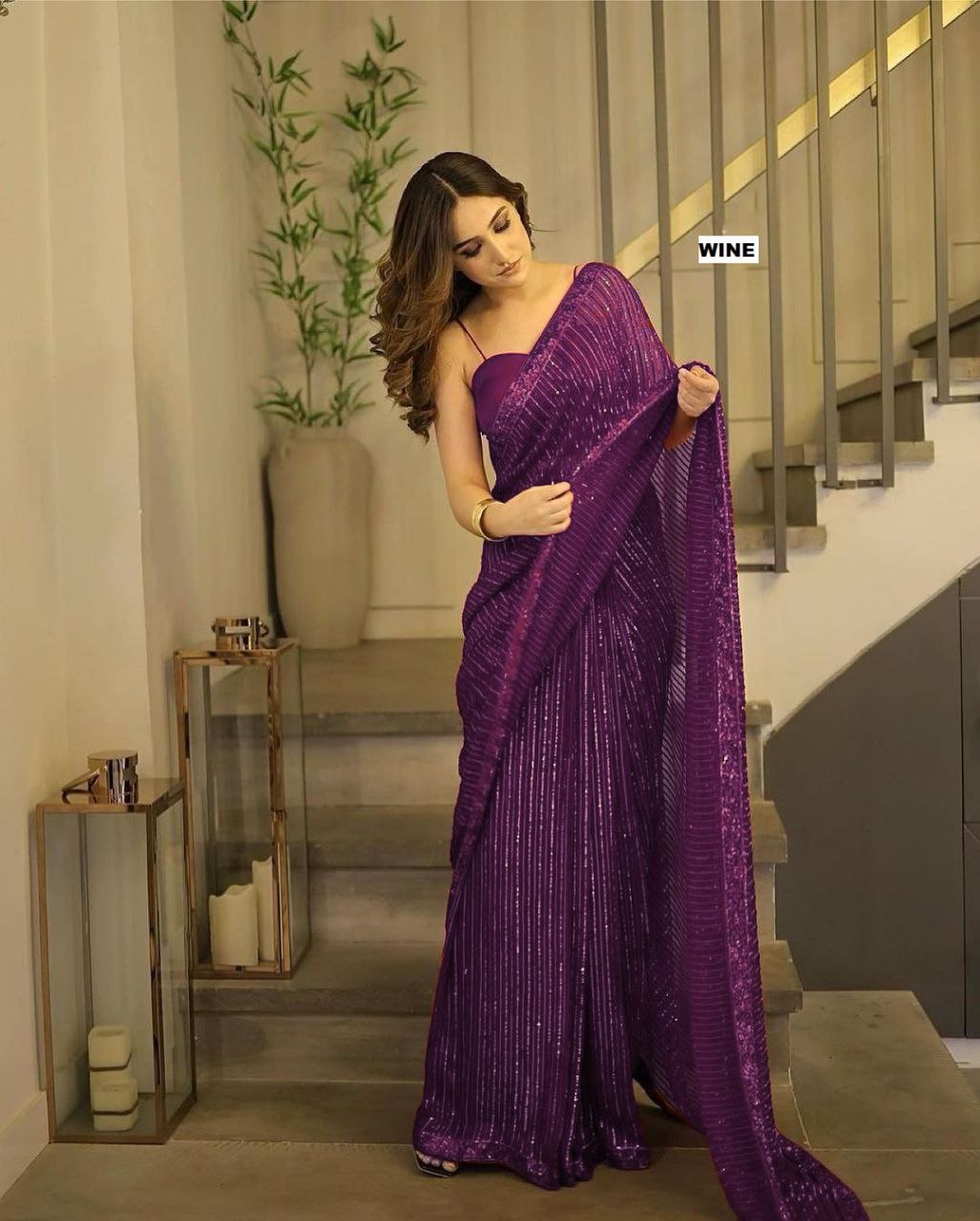 New Bollywood Blockbuster 3MM Sequins Georgette Saree with Silk Blouse | Premium Quality Embroidered Lace Border