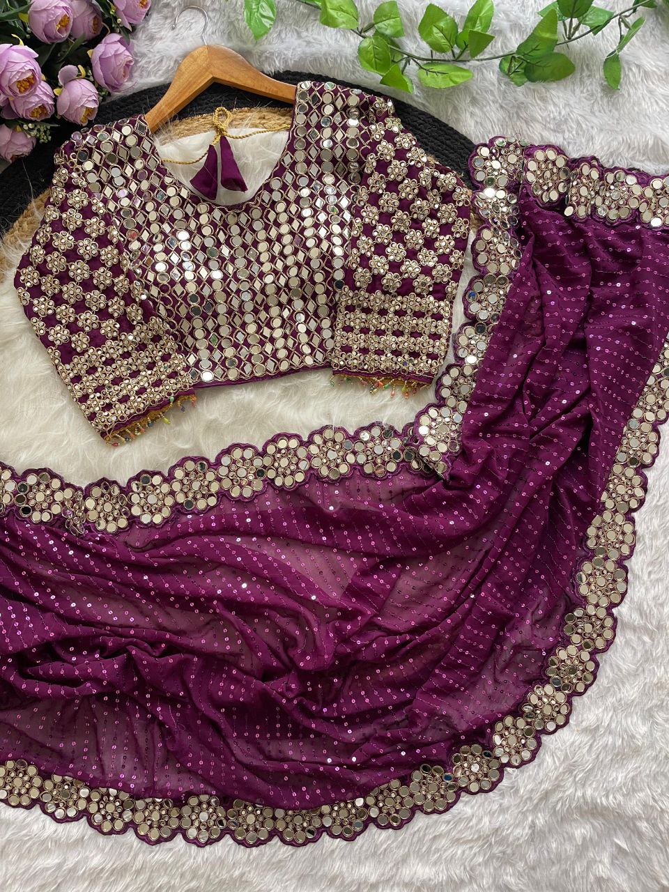 Heavy Faux Georgette Saree with Sequin Work, Mirror Lace Border & Embroidered Blouse