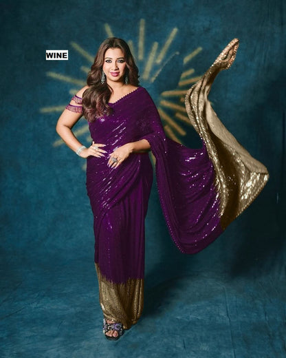 Women’s 60 GSM Georgette Saree with Heavy 5MM & 3MM Dual Sequin Embroidery | Cutwork Lace Border | 4.4M Work Done | Silk Blouse | Party & Festive Wear