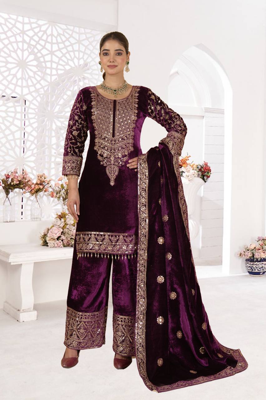 Designer Heavy Viscose Velvet Suit Set with Full Embroidery & Sequins Work, Fully Stitched Top, Pant & Dupatta Party & Wedding Wear for Women