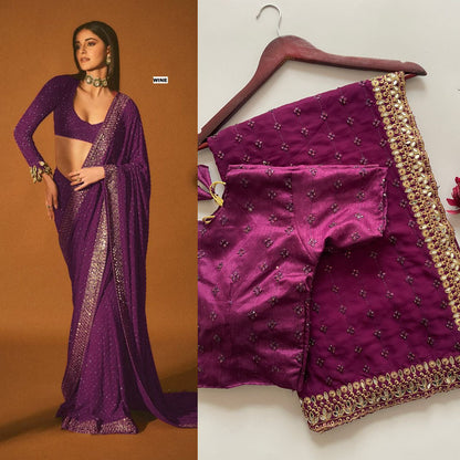 Heavy Quality Faux Georgette Saree with Jari Embroidery & LCD Diamond Mirror Border | 4.4 Mtr Work | Banglori Silk Blouse with Heavy Embroidery & LCD Diamond (Unstitched)