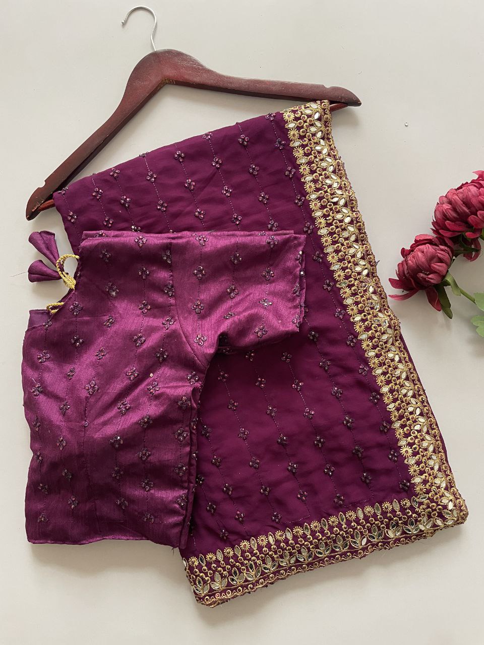 Heavy Quality Faux Georgette Saree with Jari Embroidery & LCD Diamond Mirror Border | 4.4 Mtr Work | Banglori Silk Blouse with Heavy Embroidery & LCD Diamond (Unstitched)