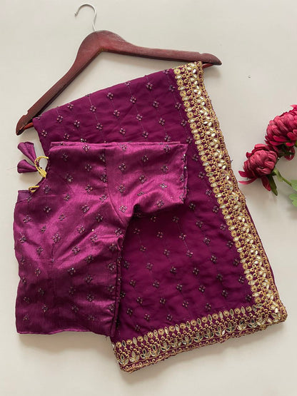 Heavy Quality Faux Georgette Saree with Jari Embroidery & LCD Diamond Mirror Border | 4.4 Mtr Work | Banglori Silk Blouse with Heavy Embroidery & LCD Diamond (Unstitched)