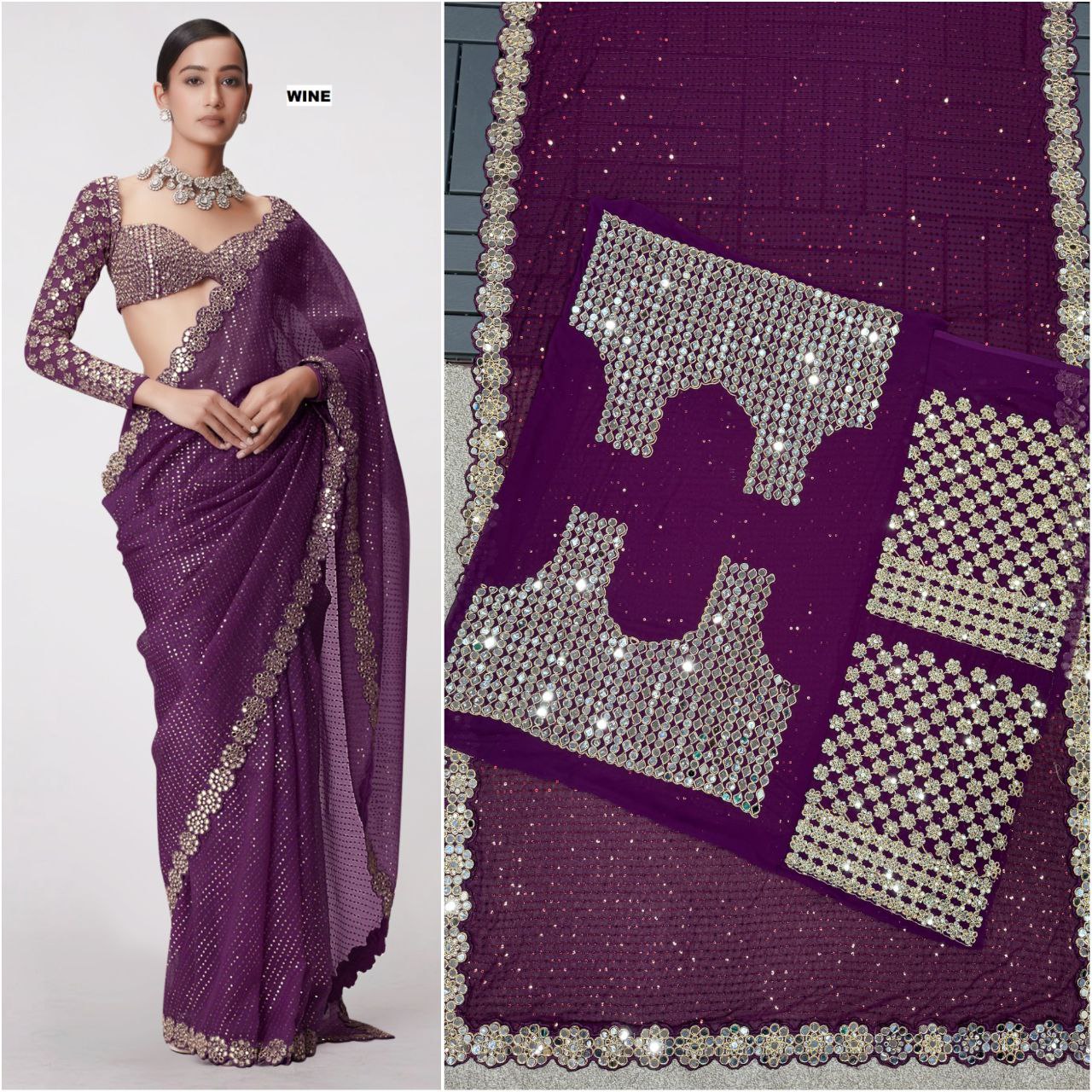 Heavy Faux Georgette Saree with Sequin Work, Mirror Lace Border & Embroidered Blouse