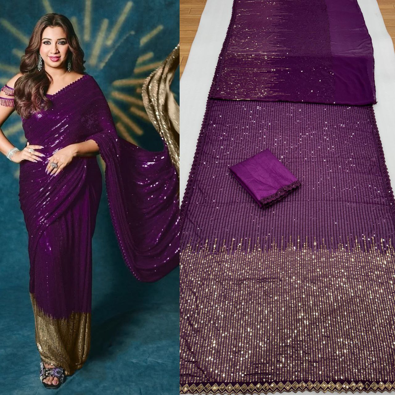 Women’s 60 GSM Georgette Saree with Heavy 5MM & 3MM Dual Sequin Embroidery | Cutwork Lace Border | 4.4M Work Done | Silk Blouse | Party & Festive Wear