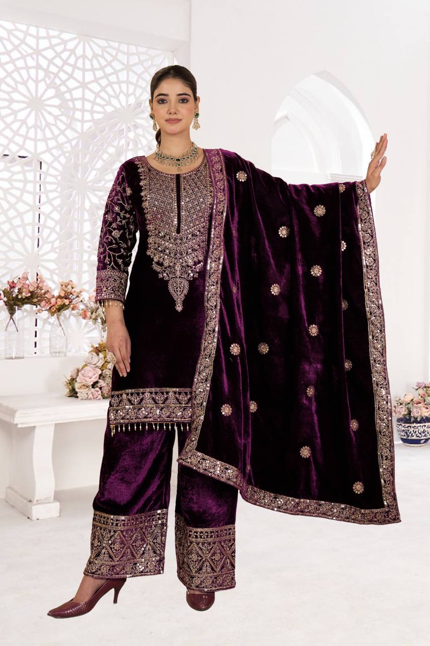 Designer Heavy Viscose Velvet Suit Set with Full Embroidery & Sequins Work, Fully Stitched Top, Pant & Dupatta Party & Wedding Wear for Women