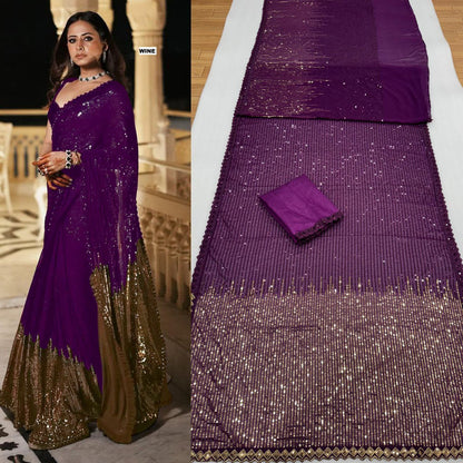 Women’s Georgette Saree with Heavy Dual Sequin Embroidery | Silk Blouse | Cutwork Lace Border | 4.4M Work Done