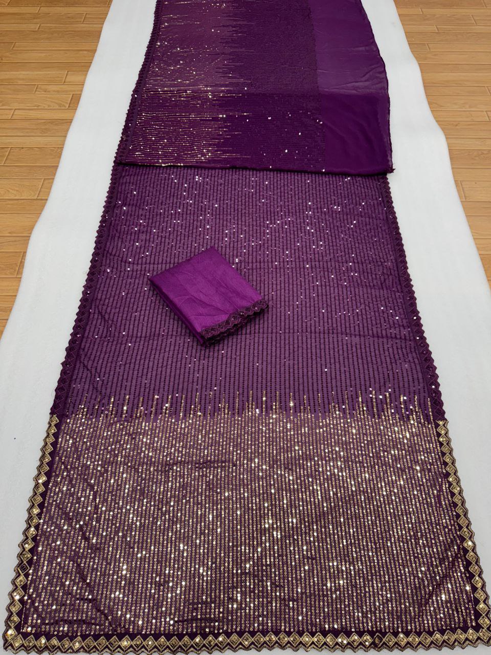 Women’s 60 GSM Georgette Saree with Heavy 5MM & 3MM Dual Sequin Embroidery | Cutwork Lace Border | 4.4M Work Done | Silk Blouse | Party & Festive Wear