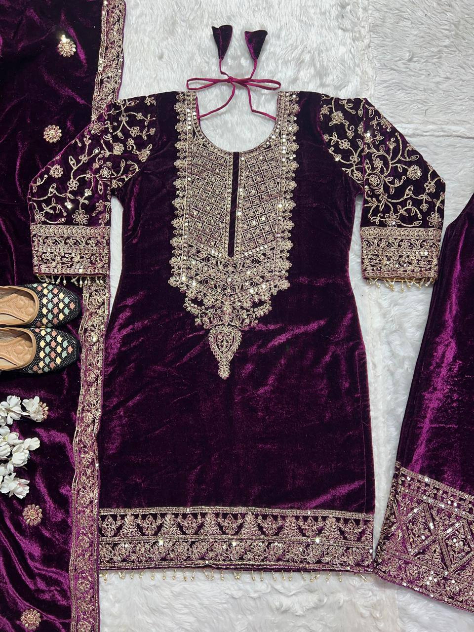 Designer Heavy Viscose Velvet Suit Set with Full Embroidery & Sequins Work, Fully Stitched Top, Pant & Dupatta Party & Wedding Wear for Women