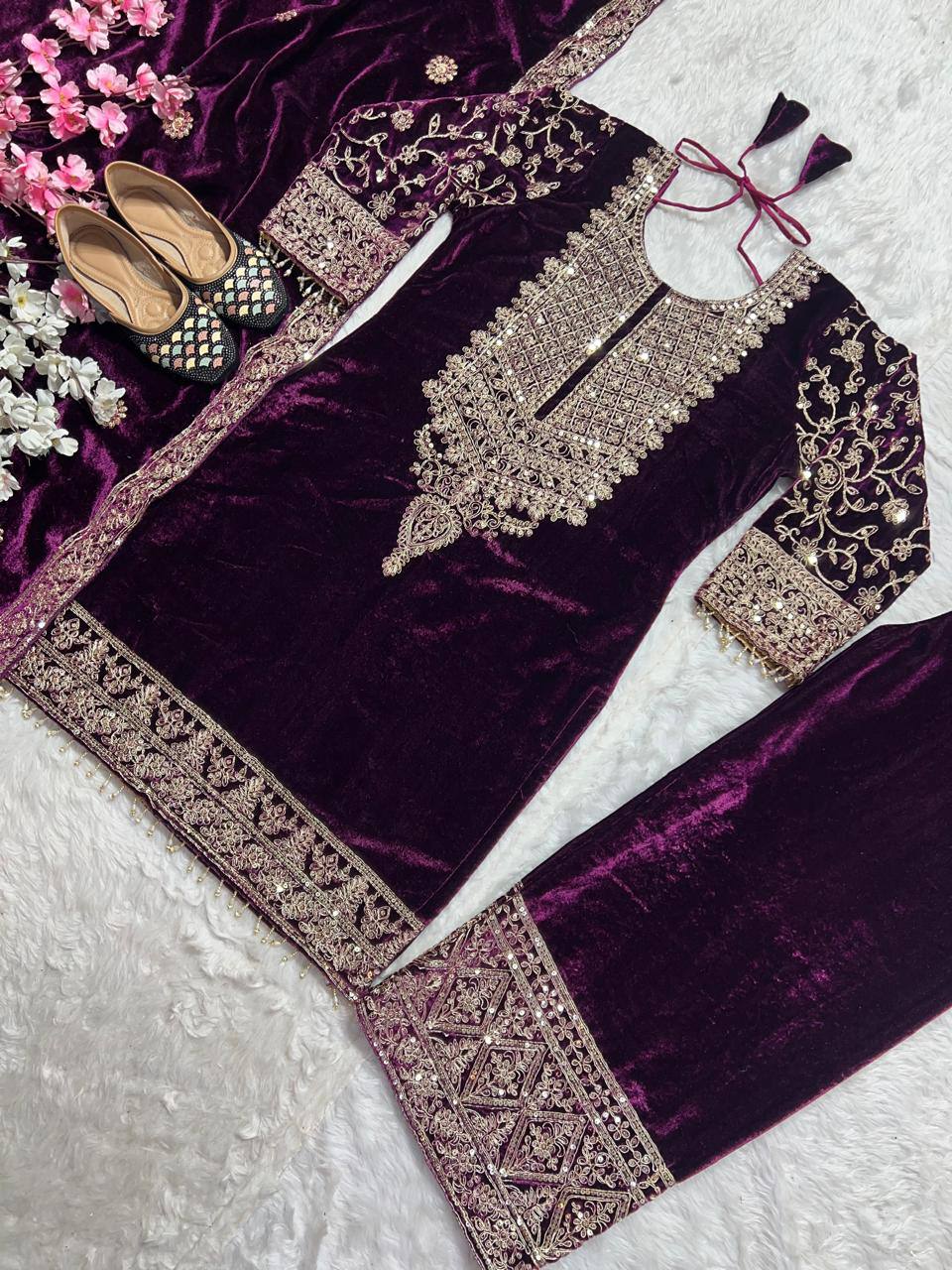 Designer Heavy Viscose Velvet Suit Set with Full Embroidery & Sequins Work, Fully Stitched Top, Pant & Dupatta Party & Wedding Wear for Women