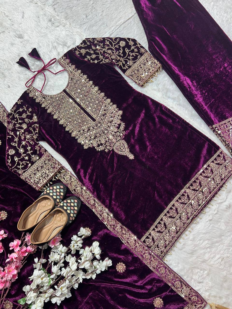 Designer Heavy Viscose Velvet Suit Set with Full Embroidery & Sequins Work, Fully Stitched Top, Pant & Dupatta Party & Wedding Wear for Women