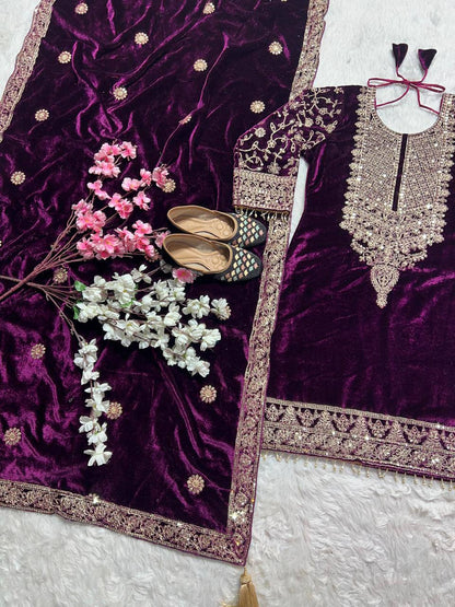 Designer Heavy Viscose Velvet Suit Set with Full Embroidery & Sequins Work, Fully Stitched Top, Pant & Dupatta Party & Wedding Wear for Women