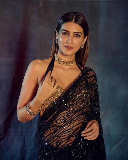 Black Indian Bollywood Saree for Women Ready to Wear Indian Wedding Party Wear Saree|Sequins work saree with stitched blouse|Wedding