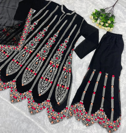 Traditional Black Georgette Multi Thread Embroidered Stitched Wedding Wear Suit