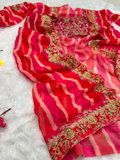 Pink Cotton Embroidered Thread Work Square Leheriya Jacket Lehenga Set For Women