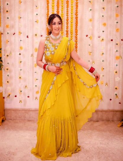 YELLOW NEW DESIGNER PARTY WEAR LAHENGA SAREE WITH STICH BLOUSE WITH EMBROIDERY WORK SAREE BEST FOR  HALDI FUNCTION