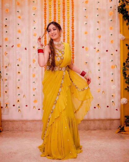 YELLOW NEW DESIGNER PARTY WEAR LAHENGA SAREE WITH STICH BLOUSE WITH EMBROIDERY WORK SAREE BEST FOR  HALDI FUNCTION