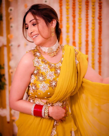YELLOW NEW DESIGNER PARTY WEAR LAHENGA SAREE WITH STICH BLOUSE WITH EMBROIDERY WORK SAREE BEST FOR  HALDI FUNCTION