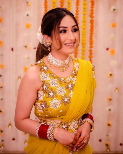 YELLOW NEW DESIGNER PARTY WEAR LAHENGA SAREE WITH STICH BLOUSE WITH EMBROIDERY WORK SAREE BEST FOR  HALDI FUNCTION