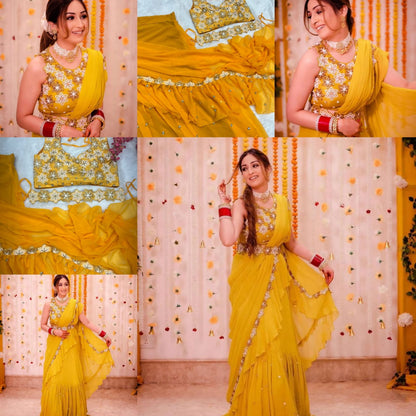 YELLOW NEW DESIGNER PARTY WEAR LAHENGA SAREE WITH STICH BLOUSE WITH EMBROIDERY WORK SAREE BEST FOR  HALDI FUNCTION