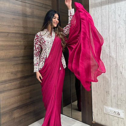 New Super Trending Embroidery cording work ready to wear saree with full koti