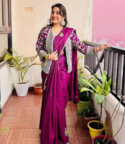 New Super Trending Embroidery cording work ready to wear saree with full koti