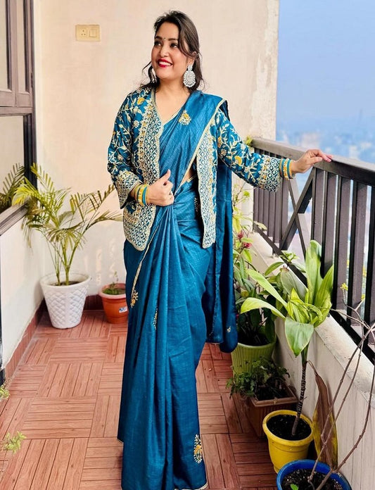 New Super Trending Embroidery cording work ready to wear saree with full koti