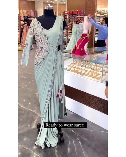 New Super Trending Embroidery cording work ready to wear saree with haf koti