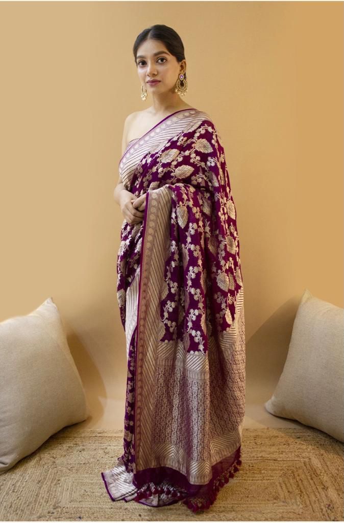 Beautiful wine color soft lichi silk saree for women, jacquard saree with zari weaving work, banarasi saree for funciton, wedding saree