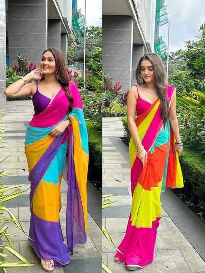 Designer Bollywood Rainbow Heavy  Georgette Sarees with  Silk blouse piece