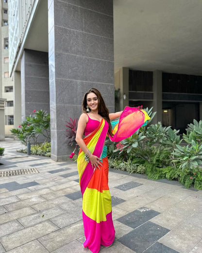 Designer Bollywood Rainbow Heavy  Georgette Sarees with  Silk blouse piece