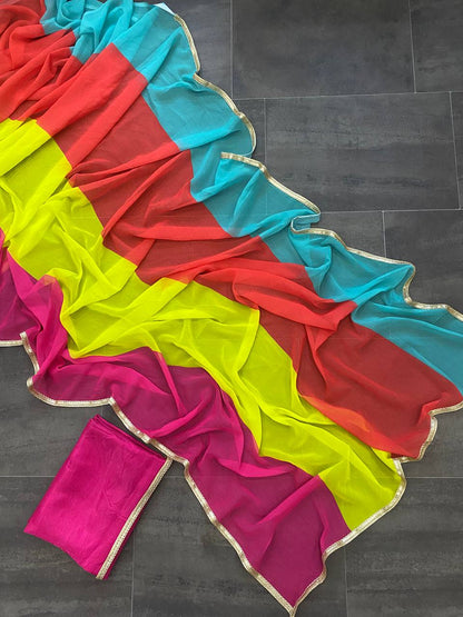 Designer Bollywood Rainbow Heavy  Georgette Sarees with  Silk blouse piece