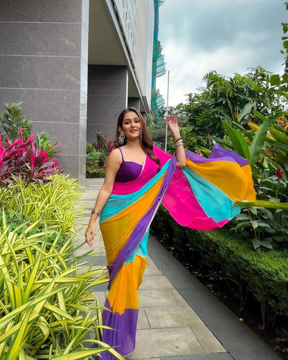 Designer Bollywood Rainbow Heavy  Georgette Sarees with  Silk blouse piece