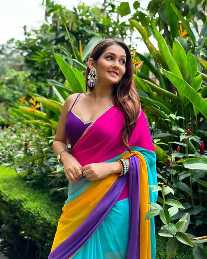 Designer Bollywood Rainbow Heavy  Georgette Sarees with  Silk blouse piece