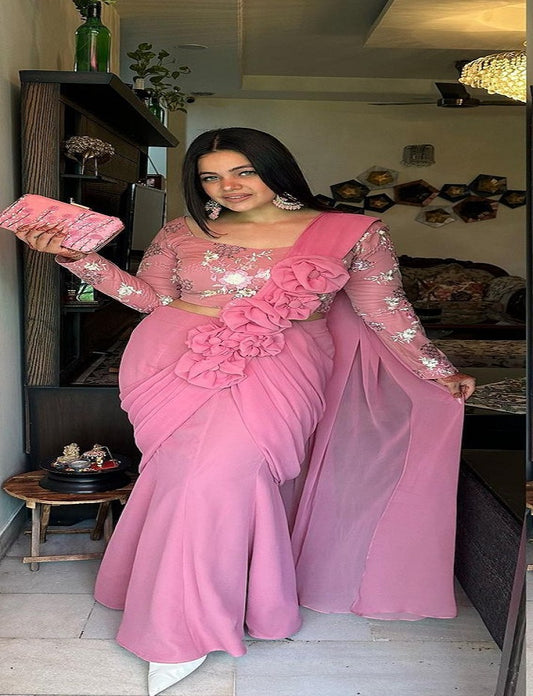 BABY PINK NEW DESIGNER PARTY WEAR LAHENGA SAREE WITH STICH BLOUSE WITH EMBROIDERY WORK WITH FANCY FLOWER