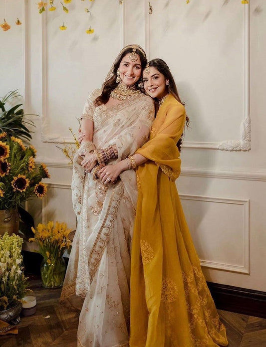 Alia Bhatt Inspired Off White Organza Silk Saree With Embroidery Work, Designer Saree, Bollywood Ready To Wear Saree