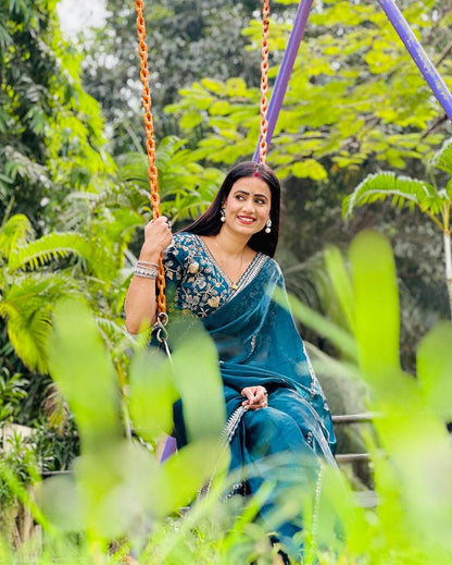 Chiffon Fabric Saree with Multi Thread sequence work and Embroidered Blouse Designer Party Wear Saree