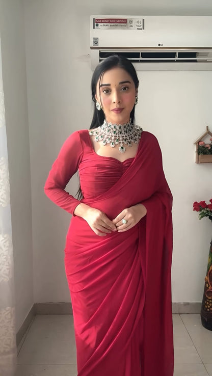 BEAUTIFUL RED  FAUX GEORGETTE READY TO WEAR SAREE WITH READYMADE RUNNING BLOUSE PARTY WEAR SAREE