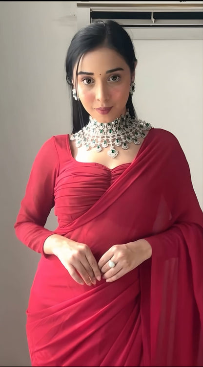 BEAUTIFUL RED  FAUX GEORGETTE READY TO WEAR SAREE WITH READYMADE RUNNING BLOUSE PARTY WEAR SAREE